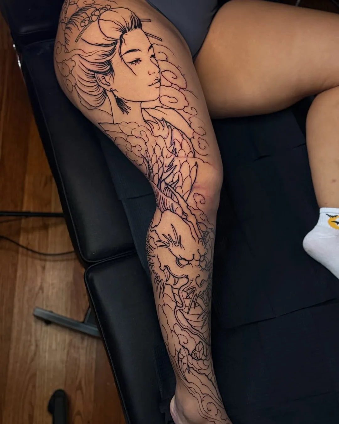 sofiia tattoo artist chicago leg tattoo geisha dragon